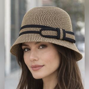 Woven Straw Cloche / Bucket Hat with Black Trim and Buckle